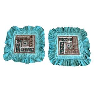 Pair Vintage Cottagecore Custom Quilt Ruffle Throw Pillow Cover 22" Green Brown
